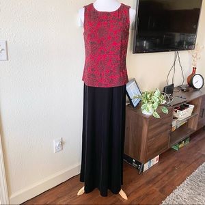 Vintage Alex Evenings Dress Black Velvet w/ Red Embellished Bodice Gown